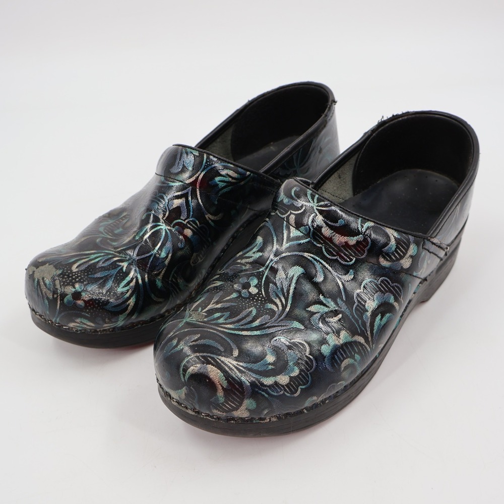 Dansko Professional Clogs Size 39 Black Iridescent Floral Paisley Patent Leather